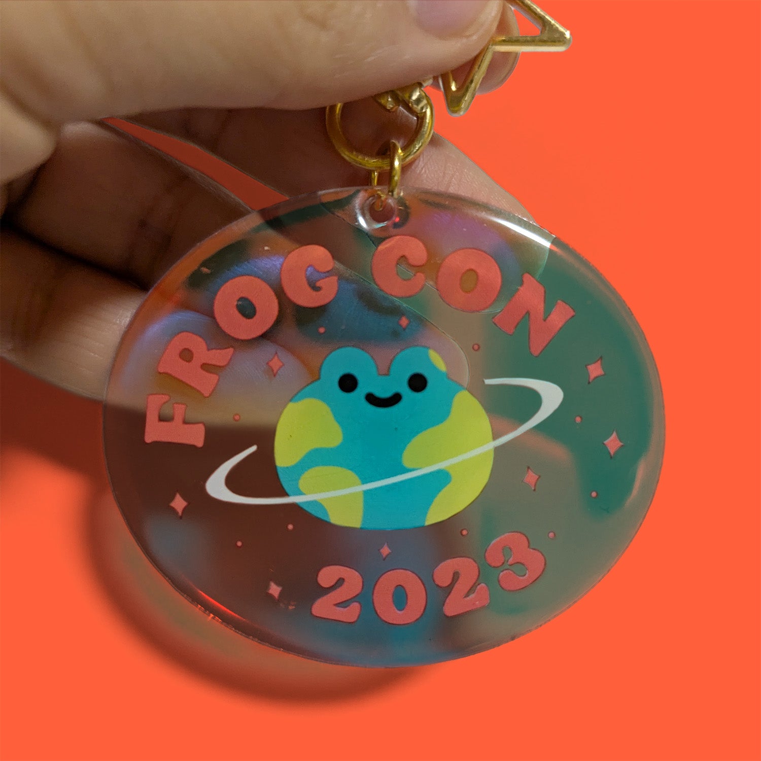 Frog Con 2023 rainbow logo acrylic charm
